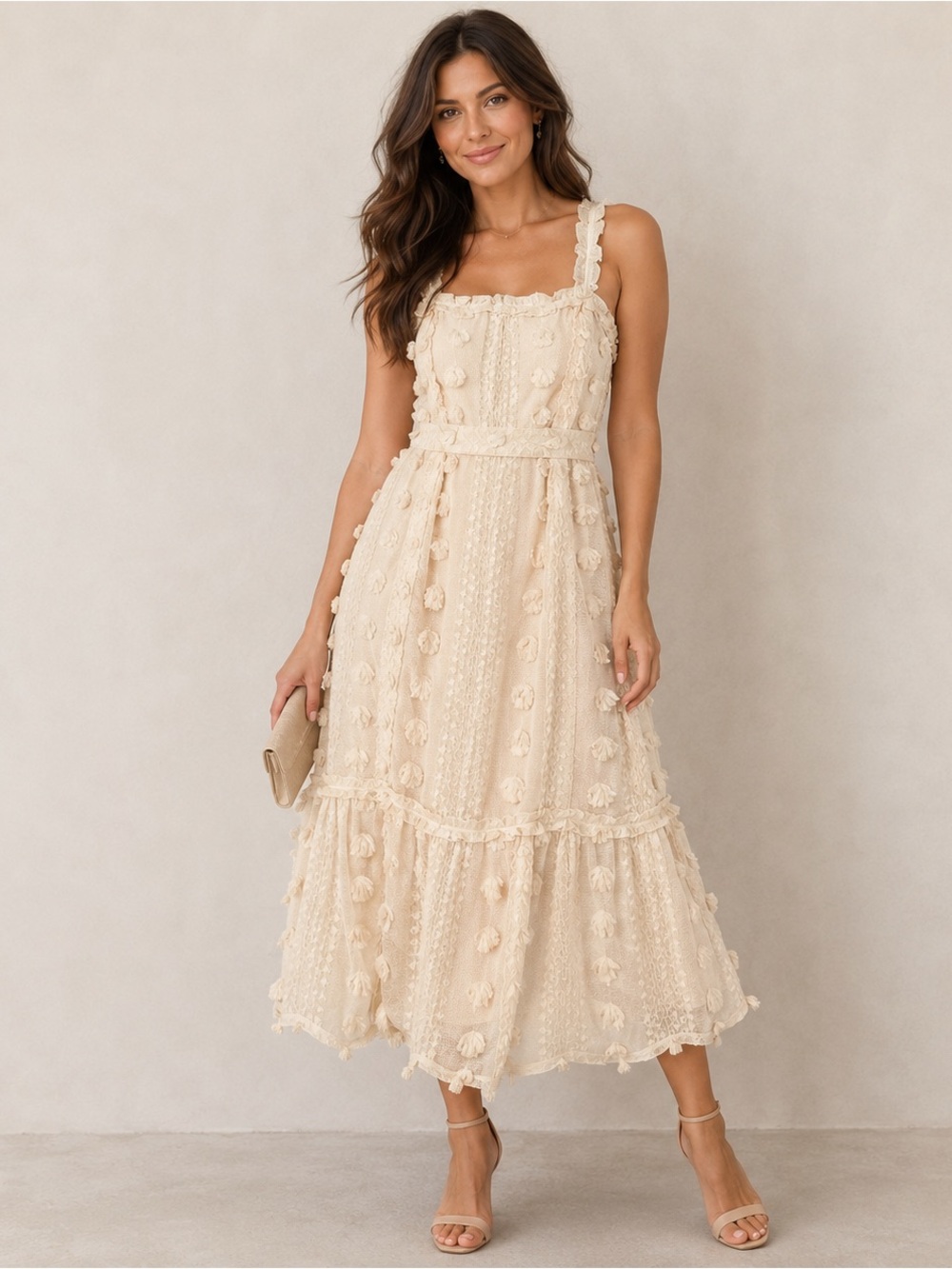 A Calin Maxi Dress Womens Small Cream Swiss Dot Pom-Pom Boho Feminine Elegant